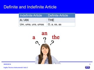 Definite and Indefinite Article
Indefinite Article Definite Article
A / AN THE
Um, uma, uns, umas O, a, os, as
Inglês Técnico Instrumental: Aula 3
909/05/2016
 