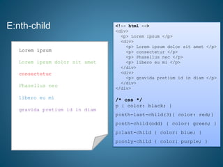 E:nth-child <!-- html -->
<div>
<p> Lorem ipsum </p>
<div>
<p> Lorem ipsum dolor sit amet </p>
<p> consectetur </p>
<p> Phasellus nec </p>
<p> libero eu mi </p>
</div>
<div>
<p> gravida pretium id in diam </p>
</div>
</div>
/* css */
p { color: black; }
p:nth-last-child(3){ color: red;}
p:nth-child(odd) { color: green; }
p:last-child { color: blue; }
p:only-child { color: purple; }
Lorem ipsum
Lorem ipsum dolor sit amet
consectetur
Phasellus nec
libero eu mi
gravida pretium id in diam
consectetur
Phasellus nec
Lorem ipsum dolor sit amet
libero eu mi
gravida pretium id in diam
 