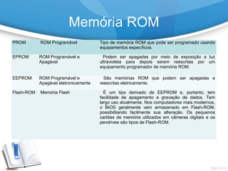 PROM ROM Programável Tipo de memória ROM que pode ser programado usando
equipamentos específicos.
EPROM ROM Programável e
Apagável
Podem ser apagadas por meio de exposição a luz
ultravioleta para depois serem reescritas por um
equipamento programador de memória ROM.
EEPROM ROM Programável e
Apagável eletronicamente
São memórias ROM que podem ser apagadas e
reescritas eletricamente.
Flash-ROM Memória Flash É um tipo derivado de EEPROM e, portanto, tem
facilidade de apagamento e gravação de dados. Tem
largo uso atualmente. Nos computadores mais modernos,
o BIOS geralmente vem armazenado em Flash-ROM,
possibilitando facilmente sua alteração. Os pequenos
cartões de memória utilizados em câmeras digitais e os
pendrives são tipos de Flash-ROM.
Memória ROM
 