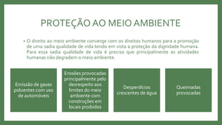 PROTEÇÃO AO MEIOAMBIENTE
• O direito ao meio ambiente converge com os direitos humanos para a promoção
de uma sadia qualidade de vida tendo em vista a proteção da dignidade humana.
Para essa sadia qualidade de vida é preciso que principalmente as atividades
humanas não degradem o meio ambiente.
Emissão de gases
poluentes com uso
de automóveis
Erosões provocadas
principalmente pelo
desrespeito aos
limites do meio
ambiente com
construções em
locais proibidos
Desperdícios
crescentes de água
Queimadas
provocadas
 