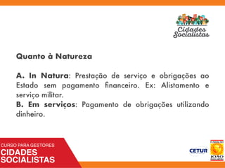 Quanto à Natureza
A. In Natura: Prestação de serviço e obrigações ao
Estado sem pagamento ﬁnanceiro. Ex: Alistamento e
serviço militar.
B. Em serviços: Pagamento de obrigações utilizando
dinheiro.
 