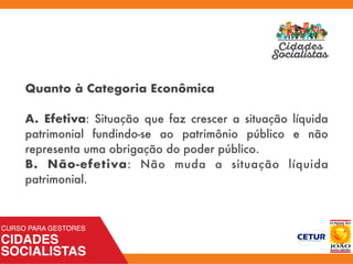 Quanto à Categoria Econômica
A. Efetiva: Situação que faz crescer a situação líquida
patrimonial fundindo-se ao patrimônio público e não
representa uma obrigação do poder público.
B. Não-efetiva: Não muda a situação líquida
patrimonial.
 