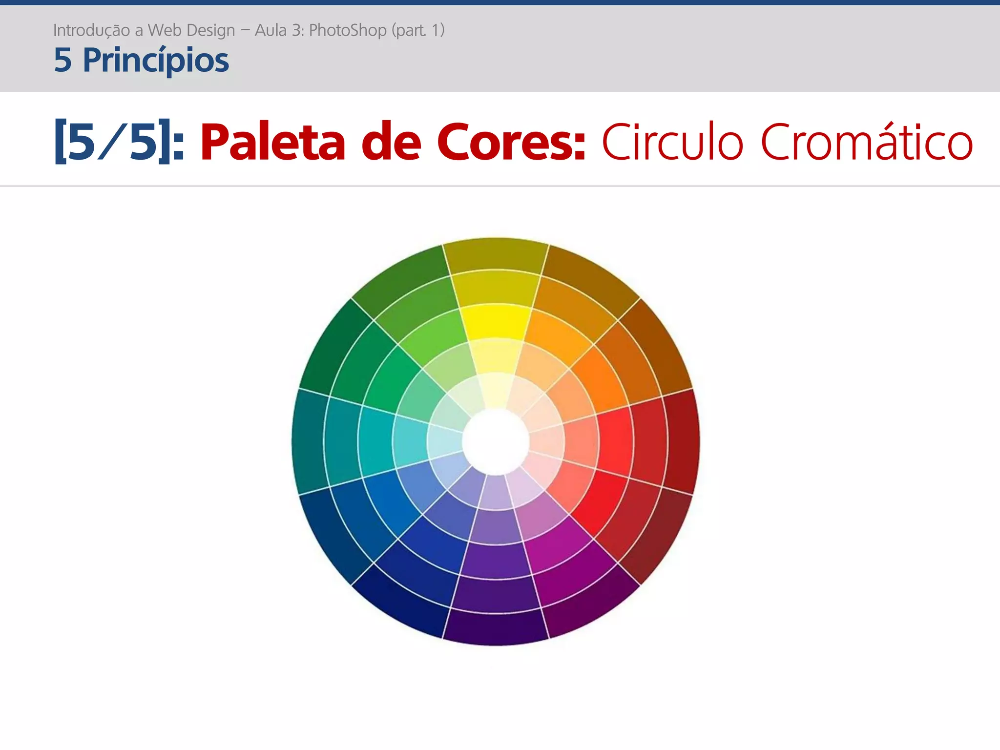 Introdução a Web Design – Aula 3: PhotoShop (part. 1)
5 Princípios
[5/5]: Paleta de Cores: Circulo Cromático
 