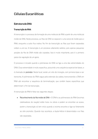 GUSTAVO PINHO MAIA 3
Células Eucarióticas
Estrutura do DNA
Transcrição do RNA
A transcrição é o processo de formação de uma molécula de RNA a partir de uma molécula
molde de DNA. Neste processo, as fitas de DNA se separam e uma serve de molde para o
RNA, enquanto a outra fica inativa. No fim da transcrição as fitas que foram separadas
voltam a unir-se. A transcrição é um processo altamente seletivo, pois apenas pequenas
porções da fita de DNA molde são copiadas. Isso é muito importante, pois é o primeiro
passo da regulação de um gene.
O processo é iniciado quando a polimerase do DNA se liga a uma das extremidades do
DNA. Essa extremidade é muito especifica, possuindo uma sequência especial de bases, e
é chamada de promotor. Neste local, existe um sitio de iniciação, com primeira base a ser
transcrita. A polimerase do RNA segue pela extensão da cadeia, transcrevendo o DNA em
RNA até encontrar a sequência de terminalização, que contém bases especificas que
determinam o fim da transcrição.
A transcrição do RNA é feita nas seguintes etapas:
• Reconhecimento da fita molde de DNA – O DNA e as polimerases do RNA (enzimas
catalisadoras de reação) estão livres na célula e podem se encontrar ao acaso,
porém a transcrição só tem inicio quando a enzima encontra e liga-se fortemente
ao sitio promotor. Quando isso acontece, a dupla-hélice é desenrolada e as fitas
são separadas.
 