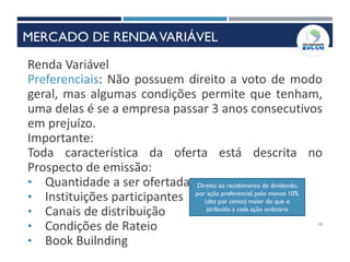 10
Renda Variável
Preferenciais: Não possuem direito a voto de modo
geral, mas algumas condições permite que tenham,
uma delas é se a empresa passar 3 anos consecutivos
em prejuízo.
Importante:
Toda característica da oferta está descrita no
Prospecto de emissão:
• Quantidade a ser ofertada
• Instituições participantes
• Canais de distribuição
• Condições de Rateio
• Book Builnding
Direito ao recebimento de dividendo,
por ação preferencial, pelo menos 10%
(dez por cento) maior do que o
atribuído a cada ação ordinária
MERCADO DE RENDAVARIÁVEL
 