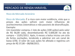 INSTRUMENTOS DE RENDAVARIÁVEL
Risco do Mercado Acionário
Risco de Mercado: É o risco com maior evidência, visto que o
preços das ações sofrem com maior influencia de
acontecimentos sistemáticos e não passiveis de diversificação.
Exemplo:
Um investidor comprou 1 lote de ações (100 ações) pelo valor
de R$ 56,00 cada, desembolsando R$ 5.600,00 no ato da
compra – 13/01/2011. Após, 6 meses a bolsa iniciou um ciclo
de fortes oscilações, tendendo a adentrar em um canal de
baixa (LTB). O valor de suas ações foi afetado e registrou um
preço de R$ 37,08 – 08/08/2011.
13
MERCADO DE RENDAVARIÁVEL
 