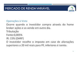 32
Operações à Vista
Ocorre quando o investidor compra através do home
broker ações e as vende em outro dia.
Tributação
Fonte:0,005%
IR: 15% (DARF)
O investidor recolhe o imposto em caso de alienações
superiores a 20 mil reais para PF, inferiores é isento.
MERCADO DE RENDAVARIÁVEL
 