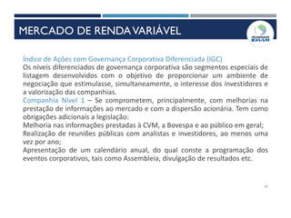 41
Índice de Ações com Governança Corporativa Diferenciada (IGC)
Os níveis diferenciados de governança corporativa são segmentos especiais de
listagem desenvolvidos com o objetivo de proporcionar um ambiente de
negociação que estimulasse, simultaneamente, o interesse dos investidores e
a valorização das companhias.
Companhia Nível 1 – Se comprometem, principalmente, com melhorias na
prestação de informações ao mercado e com a dispersão acionária. Tem como
obrigações adicionais a legislação:
Melhoria nas informações prestadas à CVM, a Bovespa e ao público em geral;
Realização de reuniões públicas com analistas e investidores, ao menos uma
vez por ano;
Apresentação de um calendário anual, do qual conste a programação dos
eventos corporativos, tais como Assembleia, divulgação de resultados etc.
MERCADO DE RENDAVARIÁVEL
 