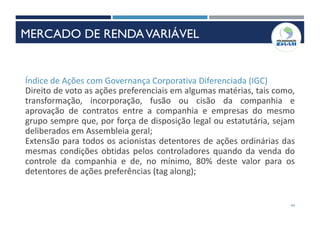 44
Índice de Ações com Governança Corporativa Diferenciada (IGC)
Direito de voto as ações preferenciais em algumas matérias, tais como,
transformação, incorporação, fusão ou cisão da companhia e
aprovação de contratos entre a companhia e empresas do mesmo
grupo sempre que, por força de disposição legal ou estatutária, sejam
deliberados em Assembleia geral;
Extensão para todos os acionistas detentores de ações ordinárias das
mesmas condições obtidas pelos controladores quando da venda do
controle da companhia e de, no mínimo, 80% deste valor para os
detentores de ações preferências (tag along);
MERCADO DE RENDAVARIÁVEL
 