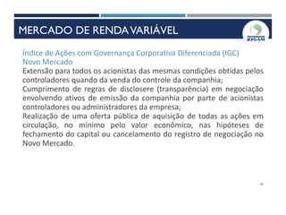 46
Índice de Ações com Governança Corporativa Diferenciada (IGC)
Novo Mercado
Extensão para todos os acionistas das mesmas condições obtidas pelos
controladores quando da venda do controle da companhia;
Cumprimento de regras de disclosere (transparência) em negociação
envolvendo ativos de emissão da companhia por parte de acionistas
controladores ou administradores da empresa;
Realização de uma oferta pública de aquisição de todas as ações em
circulação, no mínimo pelo valor econômico, nas hipóteses de
fechamento do capital ou cancelamento do registro de negociação no
Novo Mercado.
MERCADO DE RENDAVARIÁVEL
 