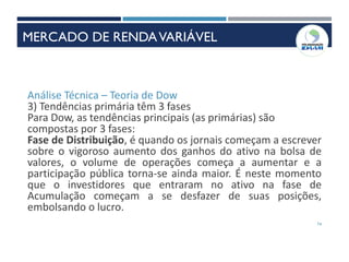 74
Análise Técnica – Teoria de Dow
3) Tendências primária têm 3 fases
Para Dow, as tendências principais (as primárias) são
compostas por 3 fases:
Fase de Distribuição, é quando os jornais começam a escrever
sobre o vigoroso aumento dos ganhos do ativo na bolsa de
valores, o volume de operações começa a aumentar e a
participação pública torna-se ainda maior. É neste momento
que o investidores que entraram no ativo na fase de
Acumulação começam a se desfazer de suas posições,
embolsando o lucro.
INSTRUMENTOS DE RENDAVARIÁVEL
MERCADO DE RENDAVARIÁVEL
 