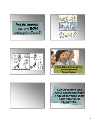 Vocês querem
ver um BOM
exemplo disso?

Filme Sobre Intermediários
no Processo de
Comunicação.

Comunicação é uma
ARMA poderosíssima!!!!
A não observância disto
pode trazer/gerar
BARREIRAS...

2

 