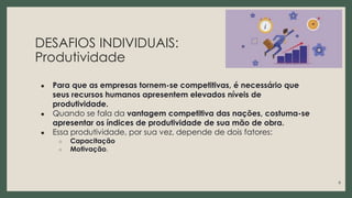 DESAFIOS INDIVIDUAIS:
Produtividade
● Para que as empresas tornem-se competitivas, é necessário que
seus recursos humanos apresentem elevados níveis de
produtividade.
● Quando se fala da vantagem competitiva das nações, costuma-se
apresentar os índices de produtividade de sua mão de obra.
● Essa produtividade, por sua vez, depende de dois fatores:
○ Capacitação
○ Motivação.
9
 
