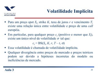 Aula 3 20
Volatilidade Implícita
 Para um preço spot St, strike K, taxa de juros r e vencimento T,
existe uma relação única entre volatilidade e preço de uma call
européia.
 Em particular, para qualquer preço ct (positivo e menor que St),
existe um único nível de volatilidade  tal que:
ct = BS(St, K, r, T – t, )
 Essa volatilidade é chamada de volatilidade implícita.
 Qualquer divergência entre preços de mercado e preços teóricos
podem ser devido a hipóteses incorretas do modelo ou
ineficiências de mercado.
 