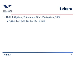Aula 3 28
Leitura
 Hull, J. Options, Futures and Other Derivatives, 2006.
 Caps. 1, 3, 6, 8, 12, 13, 14, 15 e 23.
 
