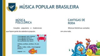 MÚSICA POPULAR BRASILEIRA
Canções populares e tradicionais
que fazem parte da sabedoria popular..
Músicas folclóricas cantadas
em uma roda.
MÚSICA
FOLCLÓRICA
CANTIGAS DE
RODA
 