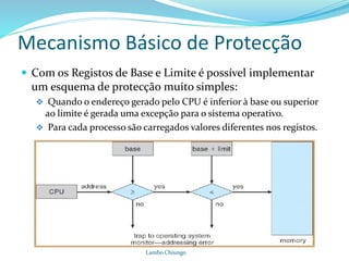 Mecanismo Básico de Protecção
 Com os Registos de Base e Limite é possível implementar
um esquema de protecção muito simples:
 Quando o endereço gerado pelo CPU é inferior à base ou superior
ao limite é gerada uma excepção para o sistema operativo.
 Para cada processo são carregados valores diferentes nos registos.
Lambo Chiungo
 