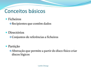 Conceitos básicos
 Ficheiros
Recipientes que contêm dados
 Directórios
Conjuntos de referências a ficheiros
 Partição
Abstração que permite a partir do disco físico criar
discos lógicos
Lambo Chiungo
 