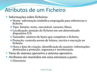 Atributos de um Ficheiro
 Informações sobre ficheiros:
Nome: informação simbólica empregada para referenciar o
ficheiro.
Tipo: binário, texto, executável, caracter, bloco.
Localização: posição do ficheiro em um determinado
dispositivo E/S.
Tamanho: número de bytes que compõem o ficheiro.
Proteção: controla acesso de leitura, escrita e execução ao
ficheiro.
Hora e data de criação, identificação do usuário: informações
destinadas a proteção, segurança e monitoração.
 Varia de sistema operativo a sistema operativo.
 Atributos são mantidos em uma estrutura a parte.
Directório
Lambo Chiungo
 