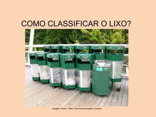 COMO CLASSIFICAR O LIXO?
Imagem: Gnsin / GNU Free Documentation License
 