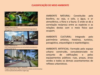 CLASSIFICAÇÃO DE MEIO AMBIENTE
AMBIENTE NATURAL: Constituído pela
biosfera, ou seja, o solo, a água, o ar
atmosférico, a flora e a fauna. É onde se dá a
correlação recíproca entre as espécies e as
relações destas com o meio físico que
ocupam;
AMBIENTE CULTURAL: Integrado pelo
patrimônio artístico, histórico, turístico,
paisagístico, arqueológico e espeleológico;
AMBIENTE ARTIFICIAL: Formado pelo espaço
urbano construído, consubstanciado no
conjunto de edificações e pelos
equipamentos públicos: ruas, praças, áreas
verdes e todos os demais assentamentos de
reflexos urbanísticos.
Imagem disponível em:
http://www.mediawebapps.com/timeline/images/placid-
852x480.jpg
Imagem disponível em:
http://www.guiadasemana.com.br/recife/turismo/pontos-
turisticos/alto-da-se
Orla da praia de Boa Viagem – Recife/PE
Imagem disponível em: http://construirnordeste.com.br/novo/wp-
content/uploads/2012/03/boa-viagem.jpg
 