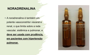 NORADRENALINA
• A noradrenalina é também um
potente vasoconstritor visceral e
renal, o que limita sobre a rede
vascular, sistêmica e pulmonar, e
deve ser usada com prudência,
em pacientes com hipertensão
pulmonar.
 