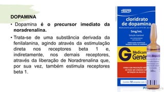 DOPAMINA
• Dopamina é o precursor imediato da
noradrenalina.
• Trata-se de uma substância derivada da
fenilalanina, agindo através da estimulação
direta nos receptores beta 1 e,
indiretamente, nos demais receptores,
através da liberação de Noradrenalina que,
por sua vez, também estimula receptores
beta 1.
 