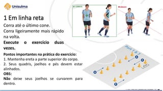 1 Em linha reta
Corra até o último cone.
Corra ligeiramente mais rápido
na volta.
Execute o exercício duas
vezes.
Pontos importantes na prática do exercício:
1. Mantenha ereta a parte superior do corpo.
2. Seus quadris, joelhos e pés devem estar
alinhados.
OBS:
Não deixe seus joelhos se curvarem para
dentro.
 