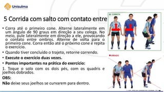 5 Corrida com salto com contato entre ombros
• Corra até o primeiro cone. Alterne lateralmente em
um ângulo de 90 graus em direção a seu colega. No
meio, pule lateralmente em direção a ele, provocando
o contato entre ombros. Alterne de volta para o
primeiro cone. Corra então até o próximo cone e repita
o exercício.
• Quando tiver concluído o trajeto, retorne correndo.
• Execute o exercício duas vezes.
• Pontos importantes na prática do exercício:
1. Toque o solo com os dois pés, com os quadris e
joelhos dobrados.
OBS:
Não deixe seus joelhos se curvarem para dentro.
 