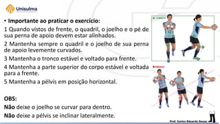 • Importante ao praticar o exercício:
1 Quando vistos de frente, o quadril, o joelho e o pé de
sua perna de apoio devem estar alinhados.
2 Mantenha sempre o quadril e o joelho de sua perna
de apoio levemente curvados.
3 Mantenha o tronco estável e voltado para frente.
4 Mantenha a parte superior do corpo estável e voltada
para a frente.
5 Mantenha a pélvis em posição horizontal.
OBS:
Não deixe o joelho se curvar para dentro.
Não deixe a pélvis se inclinar lateralmente.
 