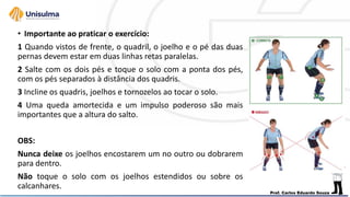 • Importante ao praticar o exercício:
1 Quando vistos de frente, o quadril, o joelho e o pé das duas
pernas devem estar em duas linhas retas paralelas.
2 Salte com os dois pés e toque o solo com a ponta dos pés,
com os pés separados à distância dos quadris.
3 Incline os quadris, joelhos e tornozelos ao tocar o solo.
4 Uma queda amortecida e um impulso poderoso são mais
importantes que a altura do salto.
OBS:
Nunca deixe os joelhos encostarem um no outro ou dobrarem
para dentro.
Não toque o solo com os joelhos estendidos ou sobre os
calcanhares.
 