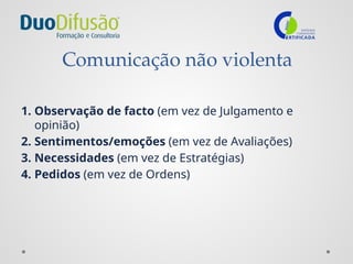 Comunicação não violenta
1. Observação de facto (em vez de Julgamento e
opinião)
2. Sentimentos/emoções (em vez de Avaliações)
3. Necessidades (em vez de Estratégias)
4. Pedidos (em vez de Ordens)
 