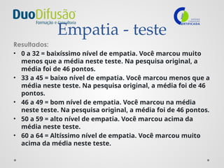 Empatia - teste
Resultados:
• 0 a 32 = baixíssimo nível de empatia. Você marcou muito
menos que a média neste teste. Na pesquisa original, a
média foi de 46 pontos.
• 33 a 45 = baixo nível de empatia. Você marcou menos que a
média neste teste. Na pesquisa original, a média foi de 46
pontos.
• 46 a 49 = bom nível de empatia. Você marcou na média
neste teste. Na pesquisa original, a média foi de 46 pontos.
• 50 a 59 = alto nível de empatia. Você marcou acima da
média neste teste.
• 60 a 64 = Altíssimo nível de empatia. Você marcou muito
acima da média neste teste.
 