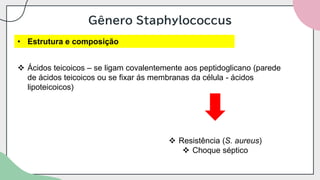 Gênero Staphylococcus
• Estrutura e composição
❖ Ácidos teicoicos – se ligam covalentemente aos peptidoglicano (parede
de ácidos teicoicos ou se fixar ás membranas da célula - ácidos
lipoteicoicos)
❖ Resistência (S. aureus)
❖ Choque séptico
 