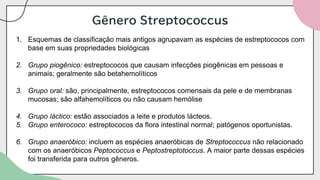 Gênero Streptococcus
1. Esquemas de classificação mais antigos agrupavam as espécies de estreptococos com
base em suas propriedades biológicas
2. Grupo piogênico: estreptococos que causam infecções piogênicas em pessoas e
animais; geralmente são betahemolíticos
3. Grupo oral: são, principalmente, estreptococos comensais da pele e de membranas
mucosas; são alfahemolíticos ou não causam hemólise
4. Grupo láctico: estão associados a leite e produtos lácteos.
5. Grupo enterococo: estreptococos da flora intestinal normal; patógenos oportunistas.
6. Grupo anaeróbico: incluem as espécies anaeróbicas de Streptococcus não relacionado
com os anaeróbicos Peptococcus e Peptostreptotoccus. A maior parte dessas espécies
foi transferida para outros gêneros.
 
