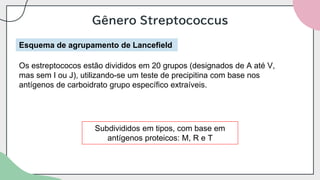 Gênero Streptococcus
Esquema de agrupamento de Lancefield
Os estreptococos estão divididos em 20 grupos (designados de A até V,
mas sem I ou J), utilizando-se um teste de precipitina com base nos
antígenos de carboidrato grupo específico extraíveis.
Subdivididos em tipos, com base em
antígenos proteicos: M, R e T
 