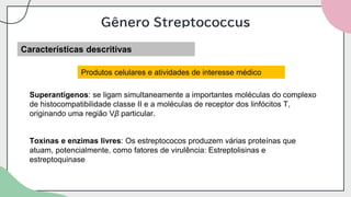 Gênero Streptococcus
Características descritivas
Produtos celulares e atividades de interesse médico
Superantígenos: se ligam simultaneamente a importantes moléculas do complexo
de histocompatibilidade classe II e a moléculas de receptor dos linfócitos T,
originando uma região Vβ particular.
Toxinas e enzimas livres: Os estreptococos produzem várias proteínas que
atuam, potencialmente, como fatores de virulência: Estreptolisinas e
estreptoquinase
 