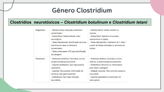 Gênero Clostridium
Clostrídios neurotóxicos – Clostridium botulinum e Clostridium tetani
 
