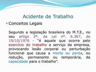 Acidente de Trabalho 
 Conceitos Legais 
Segundo a legislação brasileira do M.T.E., no 
seu artigo 2º. da Lei nº. 6.367, de 
19/10/1976 - “é aquele que ocorre pelo 
exercício do trabalho a serviço da empresa, 
provocando lesão corporal ou perturbação 
funcional que causa a morte ou perda, ou 
redução, permanente ou temporária, da 
capacidade para o trabalho”. 
 