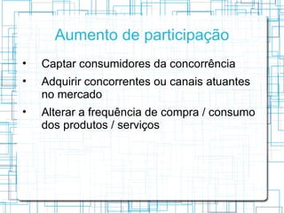 Aumento de participação
•   Captar consumidores da concorrência
•   Adquirir concorrentes ou canais atuantes
    no mercado
•   Alterar a frequência de compra / consumo
    dos produtos / serviços
 