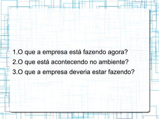 1.O que a empresa está fazendo agora?
2.O que está acontecendo no ambiente?
3.O que a empresa deveria estar fazendo?
 
