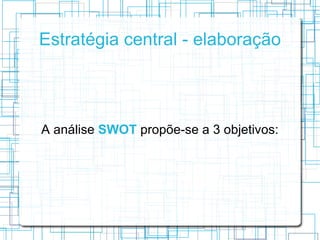 Estratégia central - elaboração




A análise SWOT propõe-se a 3 objetivos:
 