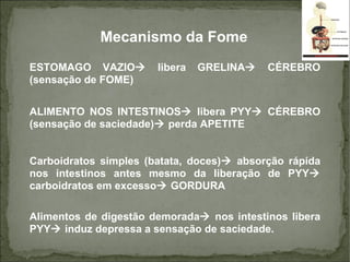Mecanismo da Fome ESTOMAGO VAZIO   libera GRELINA   C ÉREBRO (sensação de FOME) ALIMENTO NOS INTESTINOS   libera PYY   CÉREBRO (sensação de saciedade)   perda APETITE Carboidratos simples (batata, doces)   absorção rápida nos intestinos antes mesmo da liberação de PYY   carboidratos em excesso   GORDURA Alimentos de digestão demorada   nos intestinos libera PYY   induz depressa a sensação de saciedade. 