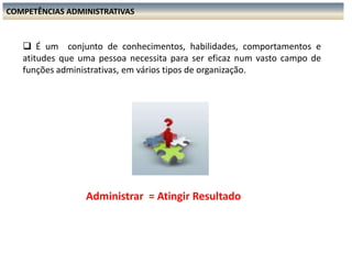COMPETÊNCIAS ADMINISTRATIVAS É um conjunto de conhecimentos, habilidades, comportamentos e atitudes que uma pessoa necessita para ser eficaz num vasto campo de funções administrativas, em vários tipos de organização.Administrar = Atingir Resultado
