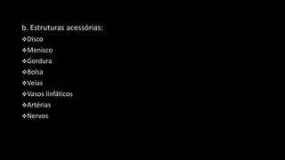 b. Estruturas acessórias:
Disco
Menisco
Gordura
Bolsa
Veias
Vasos linfáticos
Artérias
Nervos
 