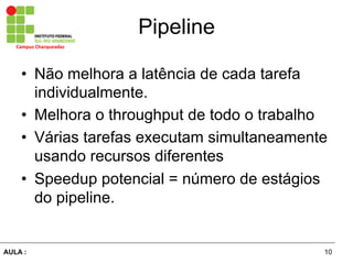 10AULA :
Campus	
  Charqueadas	
  
Pipeline
•  Não melhora a latência de cada tarefa
individualmente.
•  Melhora o throughput de todo o trabalho
•  Várias tarefas executam simultaneamente
usando recursos diferentes
•  Speedup potencial = número de estágios
do pipeline.
 