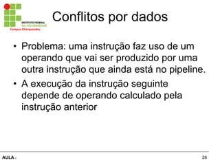 26AULA :
Campus	
  Charqueadas	
  
Conflitos por dados
•  Problema: uma instrução faz uso de um
operando que vai ser produzido por uma
outra instrução que ainda está no pipeline.
•  A execução da instrução seguinte
depende de operando calculado pela
instrução anterior
 