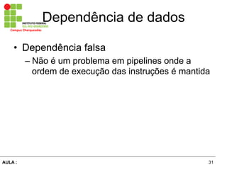 31AULA :
Campus	
  Charqueadas	
  
Dependência de dados
•  Dependência falsa
– Não é um problema em pipelines onde a
ordem de execução das instruções é mantida
 
