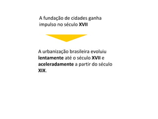 A fundação de cidades ganha impulso no século  XVII A urbanização brasileira evoluiu  lentamente  até o século  XVII  e  aceleradamente  a partir do século  XIX . 