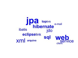 jpa          toplink
                             e-mail
             hibernate
ibatis                jdo
  eclipselink
xml      arquivo
                    sql      web
                              service
                              client
 